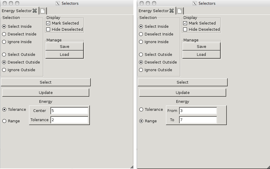 [An Energy Selector in Both Tolerance and Range Modes]
