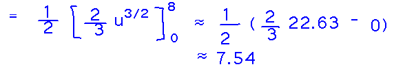 1/2 times 2/3 u^(3/2) from 0 to 8 is about 7.54