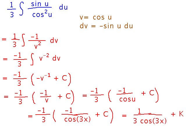 Integrate next sine of u over cosine squared of u via substitution v equals cosine u
