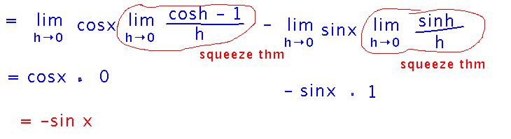 Limit of cosine h minus 1 all over h is 0, limit of sin h over h is 1