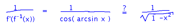 Derivative of inverse sine is 1 over cosine of inverse sine of x