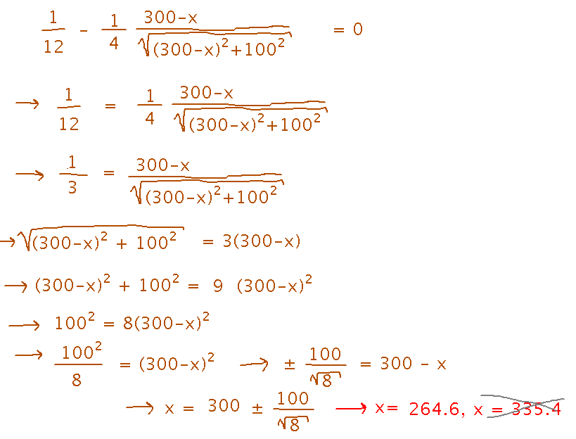 Derivative of time is 0 when x is 265 or 335