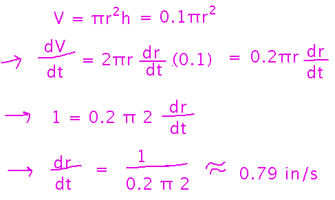 Differentiate both sides of V equals pi r squared h with h equal 0.1 to find d r over d t