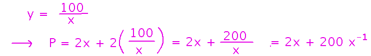 y equals 100 over x, P equals 2 x plus 200 over x