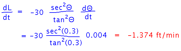 Derivative of L is minus 30 times secant squared Theta over tangent squared Theta times d Theta d t