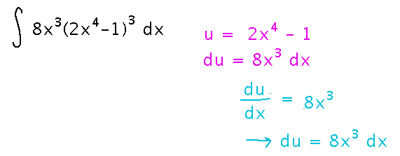 To integrate 8 x cubed times the quantity 2 x to the 4th minus 1 cubed, let u be 2 x to the 4th minus 1