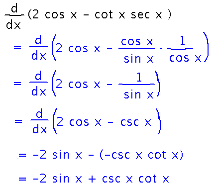 Rewrite cotangent times secant and differentiate