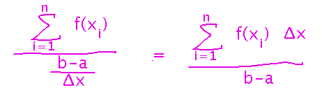 Average is sum of function values times Delta x all over b minus a