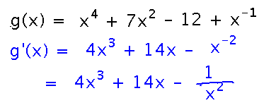 Differentiate x^(-1) with the power rule, getting -x^(-2) aka -1/x^2
