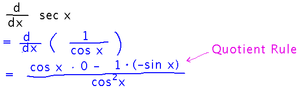 Use the quotient rule to differentiate 1 over cosine x