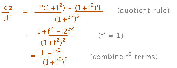 Taking derivative of z via quotient rule yields 1 minus f squared over the quantity 1 plus f squared squared