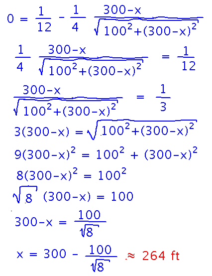 Solve for x that makes derivative 0; x is about 264 feet