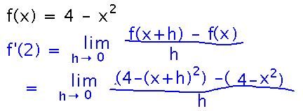 For f(x) = 4-x^2, the derivative at 2 is the limit as h approaches 0 of 4-(x+h)^2 - (4-x^2) all over h