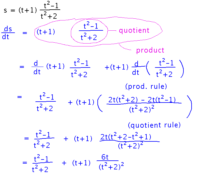 Using the quotient rule to differentiate one term in a product
