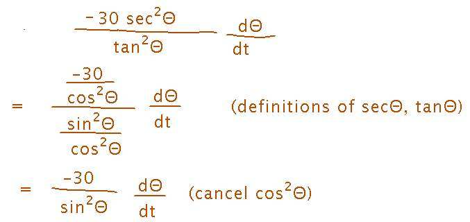 Derivative of L simplifies to minus 30 over sine squared Theta times derivative of Theta