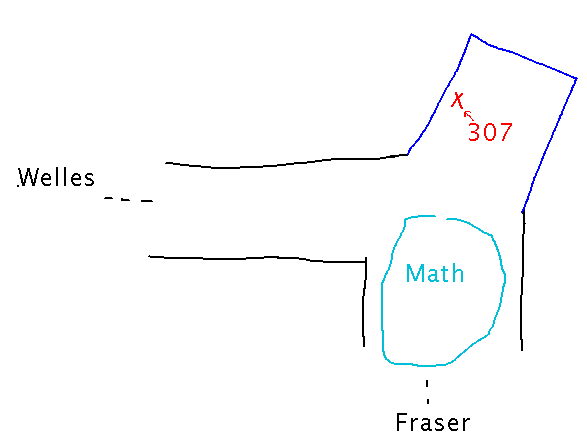 L-shaped hallway with projection at corner; room 307 in the projection