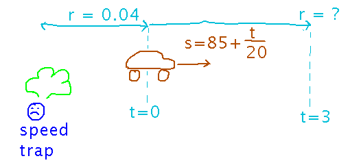 Car accelerating past speed trap and continuing distance r down road