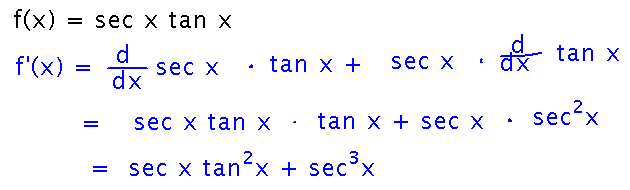 Product rule for derivative of secant times tangent yields secant times tangent squared plus secant cubed