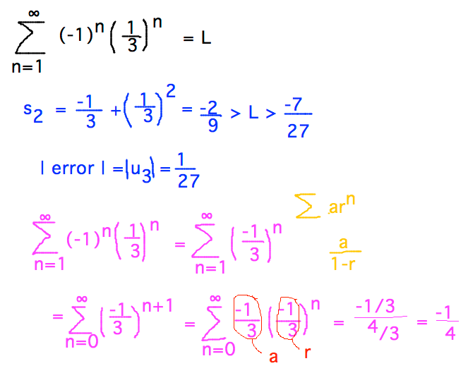 Sum (-1)^n(1/3)^n is geometric with L = -1/4; s_1+s_2 = -2/9, s_1+s_2+s_3 = -7/27