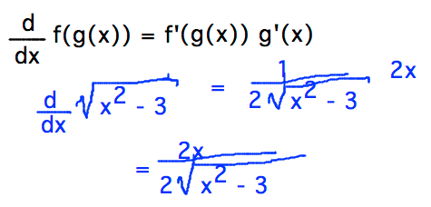 Derivative of sqrt(x^2-3) = 1/2sqrt(x^2-3) times 2x