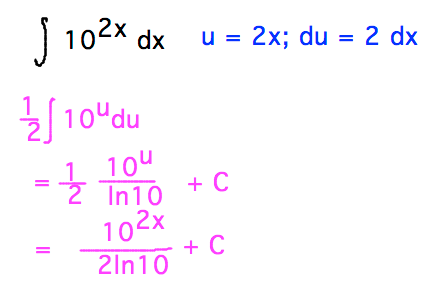 Integral of 10^2x, via substitution u=2x, = 10^2x / 2ln10 + C