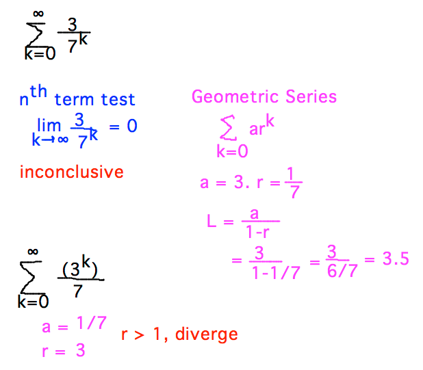 Sum 3/7^k converges to 3.5; sum 3^k / 7 diverges