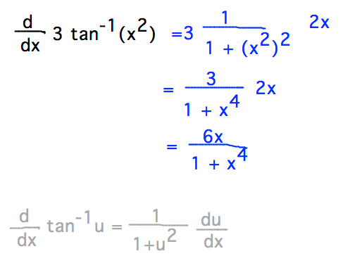 Differentiation rule for arctan, constant multiple rule, and chain rule mean d/dx(3arctan(x^2)) = 6x / (1+x^4)