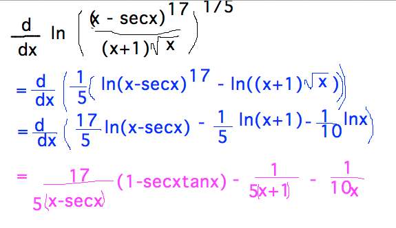 Derivative of log of a complex product/quotient/power uses log rules to simplify product/quotient/power