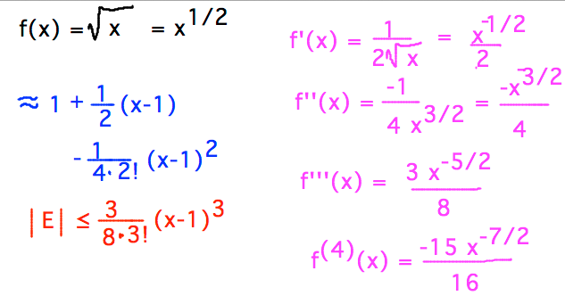 Derivatives in expansion for sqrt(x) individually easy to calcuate but hard to generalize; 1st 3 terms of series are 1 + (x-1)/2 - (x-1)^2/(4 * 2!)