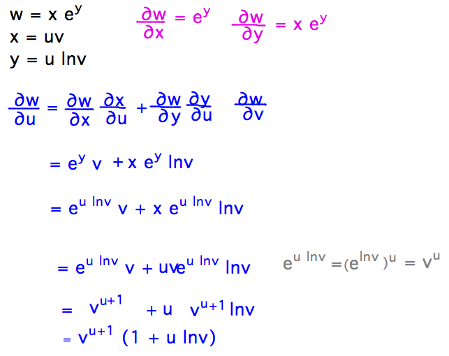 dw/du = dw/dx dx/du + dw/dy dy/du = v^(u+1)(1+u lnv)