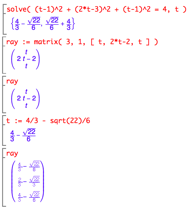 muPad solve function solves equations; plug solution values into vector expressions