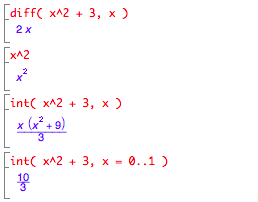 diff differentiates, int integrates, either definite or indefinite