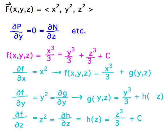 Partial derivatives in component test all 0; find potential function via antiderivatives of successive partial derivatives