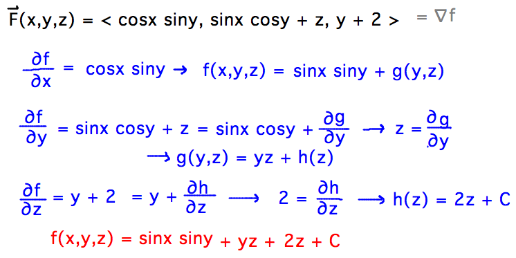 Find potential function via successive partial derivatives from gradient compared to derivatives of evolving f