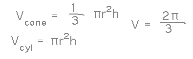 A cone's volume is 1/3 that of the enclosing cylinder, so volume outside the cone is 2 pi / 3
