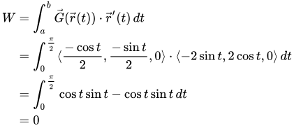 Work equals integral from 0 to pi/2 of G(r(t)) dot r-prime(t) which equals 0