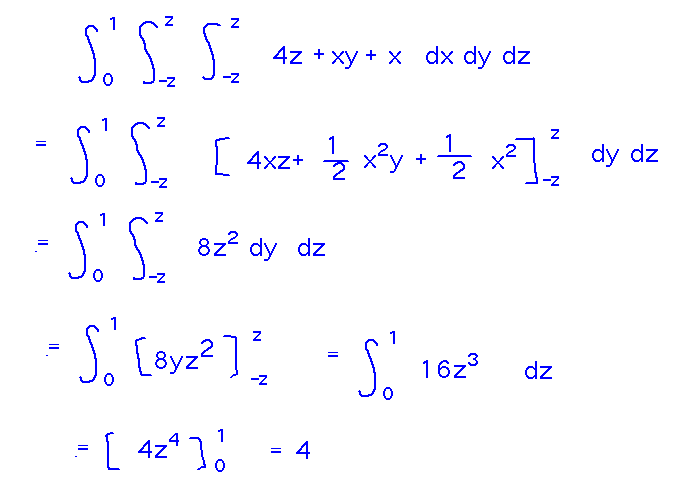 Integral of density over z, x, y evaluated in 3 stages to get 4 grams
