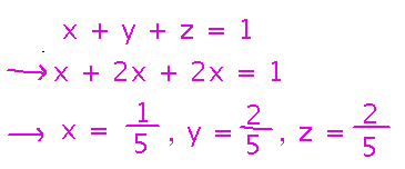 From constraint equation, x equals 1 fifth, y and z equal 2 fifths