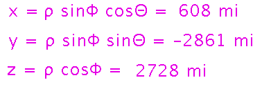 x is rho times sine phi times cosine theta, y is rho times sine phi times sine theta, z is rho times cosine phi