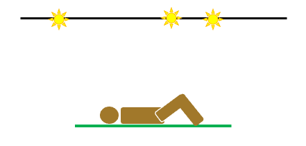 Person lying on back beneath line studded with stars